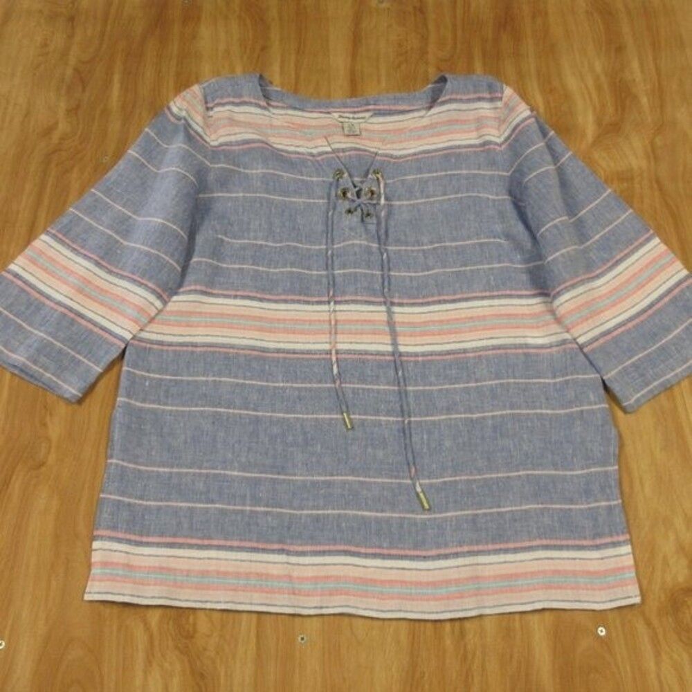 TOMMY BAHAMA Striped Linen Tunic Top Women’s Size L Side Slit 3/4 Sleeves Blouse